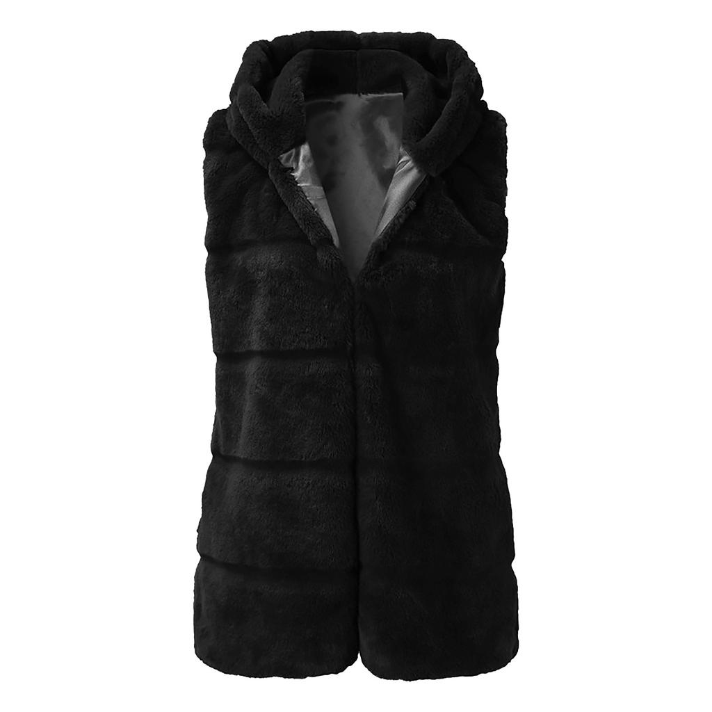 Women's Fashion Sleeveless Plush Waistcoat Faux- Hoodie Top Coat Outwear