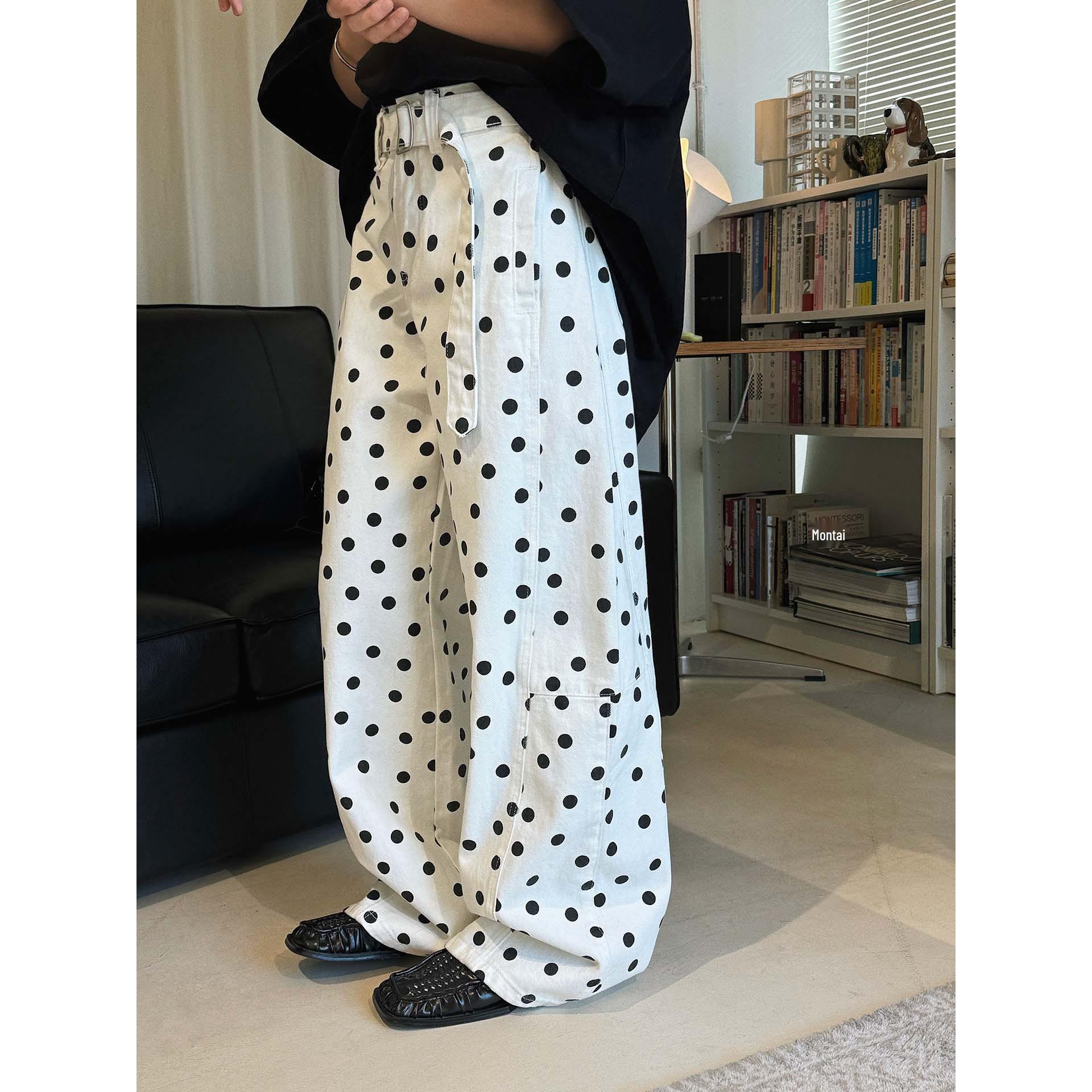 

Spring Korean High-Waist Polka Dot Belted Jeans Large белый
