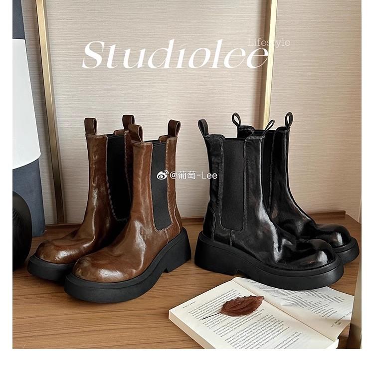 Washed cowhide grape mother same elastic band platform short boots thick heel medium boots Chelsea boots women's Martin boots