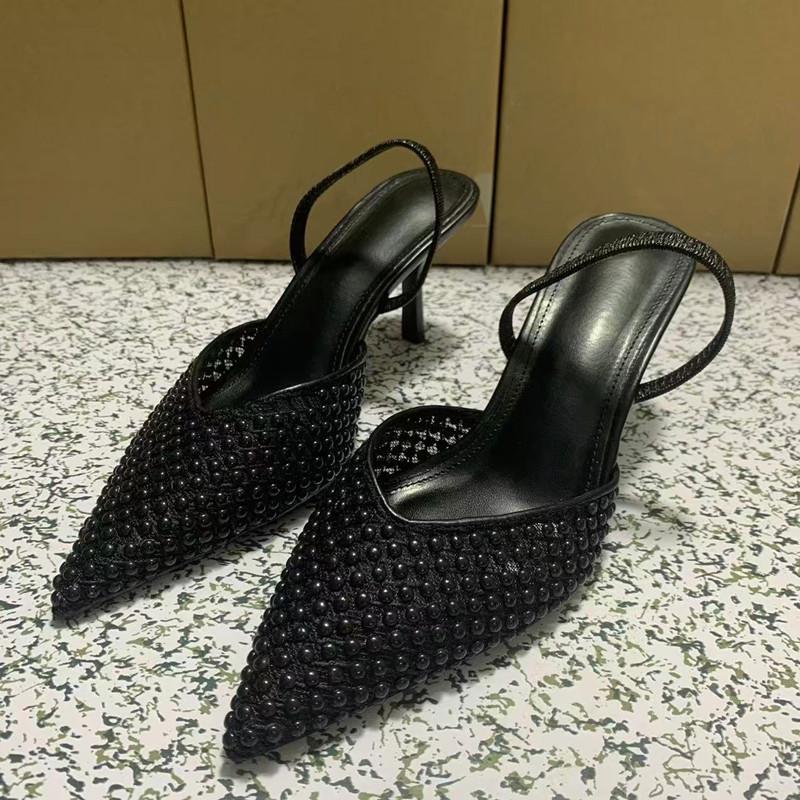 Fashion Brand Fashion Woven Mesh Beading Women Pumps Elegant Pointed Toe Chic Thin High Heels Summer Classic Slingback Office Lady Shoes
