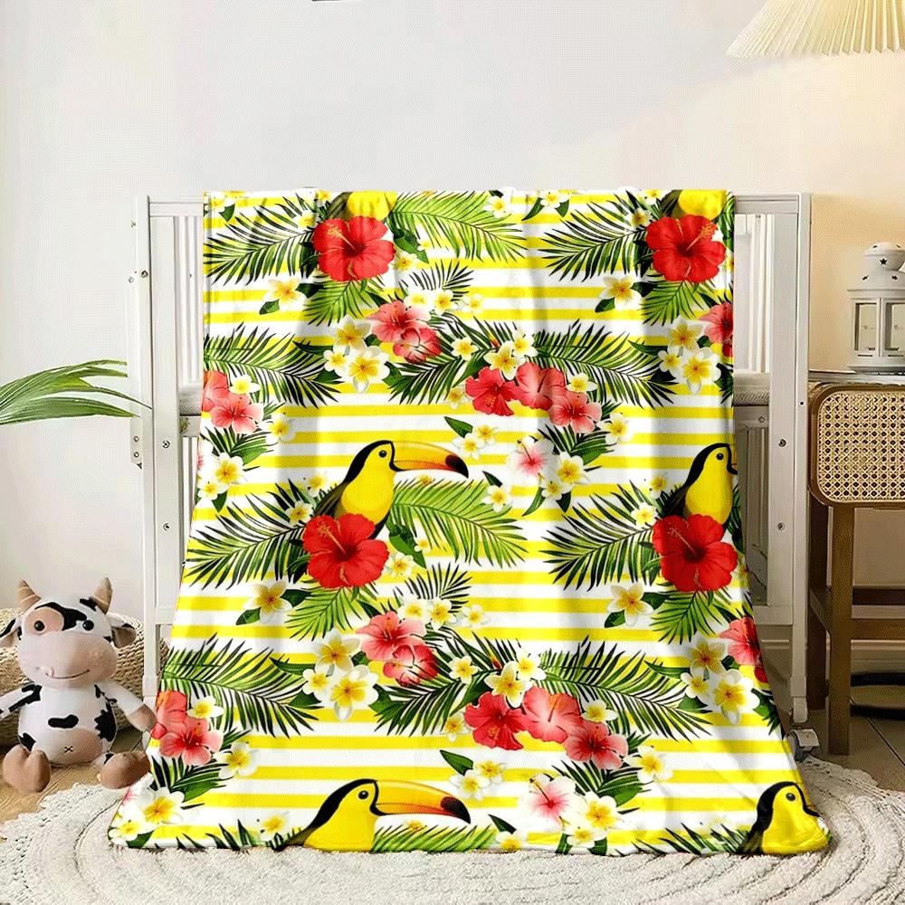 Yellow stripes with tropical flowers, leaves, and toucans repeating. for all seasons blanket lunch break throw gift 80cm x 120cm