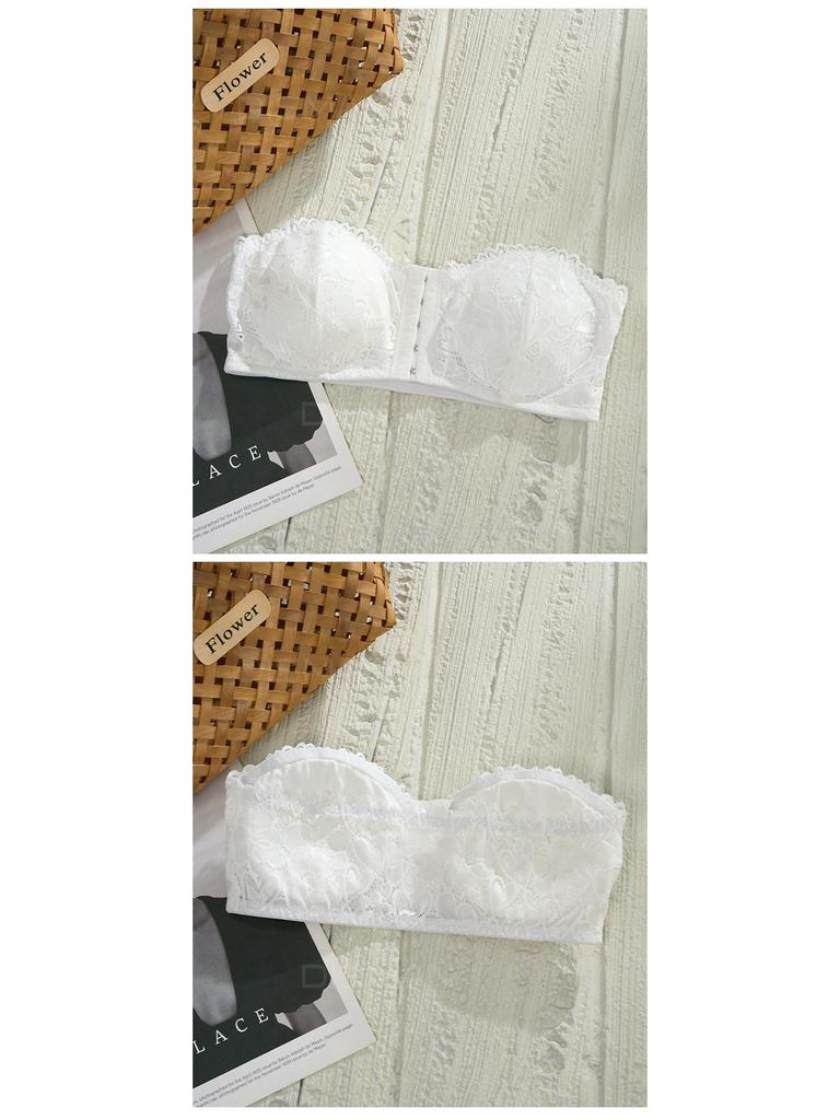 Front-Buckle Lace Strapless Women's Tube Top: Enhances Bust, Non-Slip, Breathable, Beautiful Back, White.