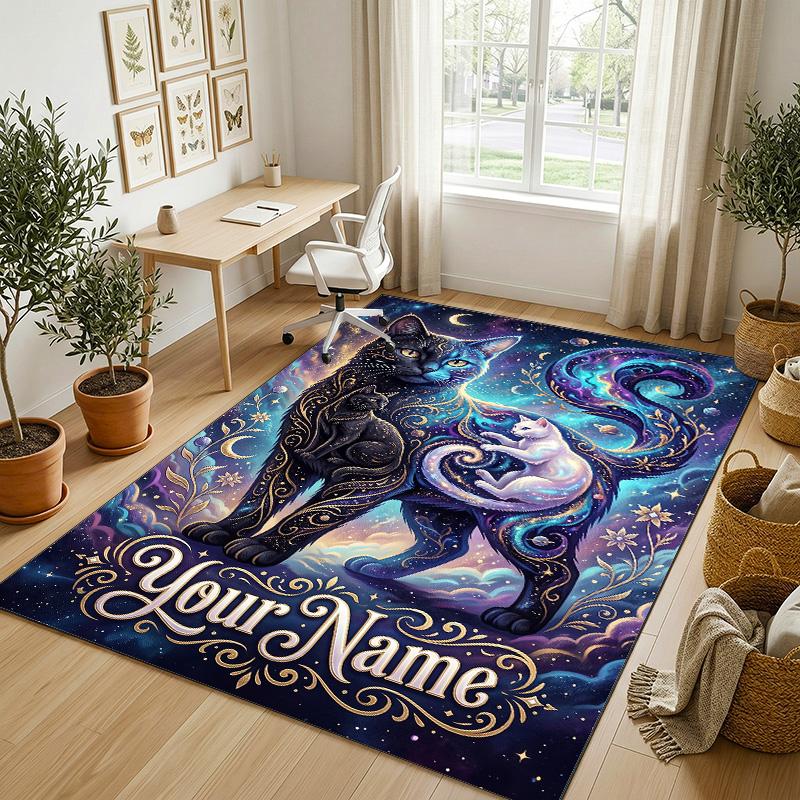 Starry Night Cat Theme Soft Crystal Velvet Rug Custom Name & Text Print Non Slip Floor Rug for Bedroom Living Room