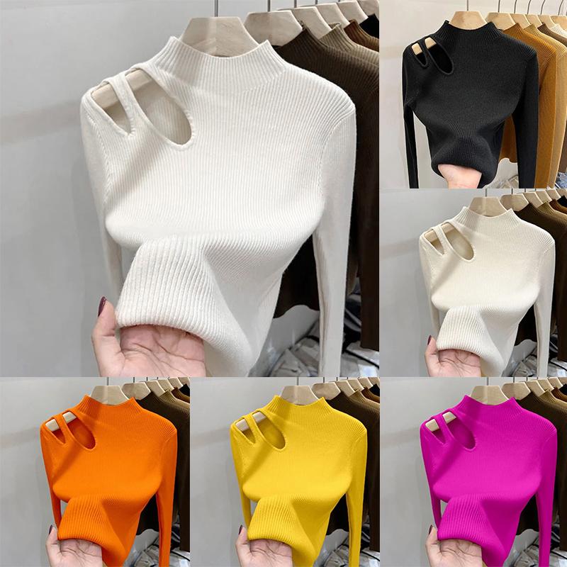 

Woman Inner Autumn Winter Baselayer Jumper Teardrop Cut-Out Chic Knitted Top Half Turtleneck