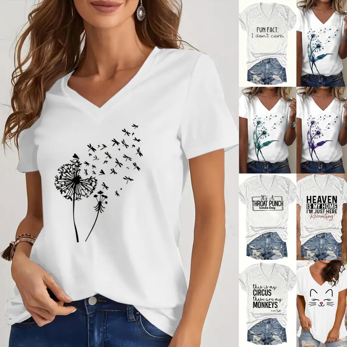 

Women s Loose V-neck Short-Sleeve One-Piece Top with Image Medium