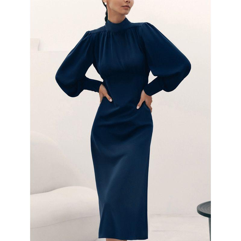 

Fashion 2023 New Arrival Socialite Graceful Puff Sleeve Turtleneck Shoelace Dress Bubble Sleeve Dress Blue S