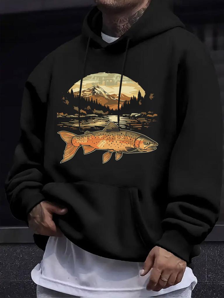 American Western Style unisex Autumn Winter Print Hooded Long Sleeve Sweatshirt, Light Brown Realistic Trout Outdoor Print Hoodie, Mountain Wild Campi