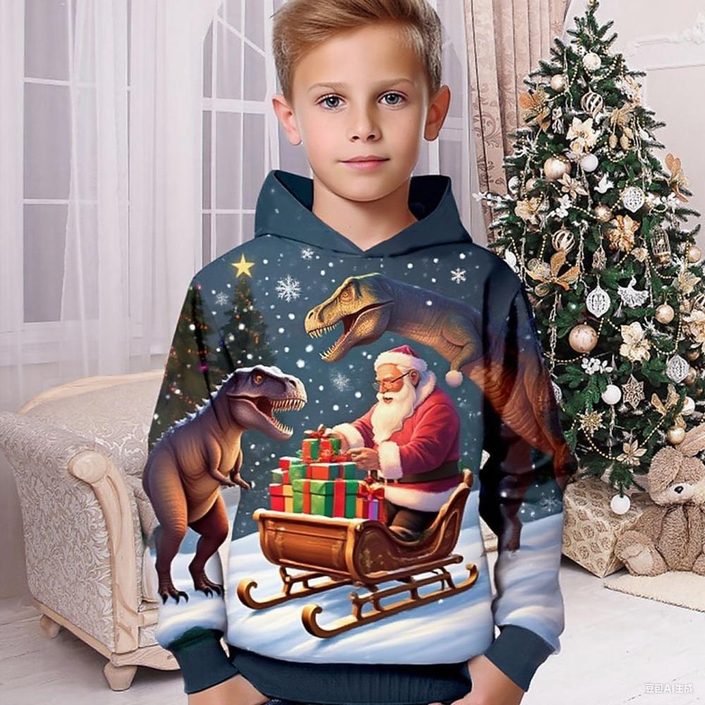 Boy s Hoodies Dinosaur Santa Claus Funny Graphic Long Sleeve Sweatshirts Christmas Pullover Kids Clothes Top Children s Clothing 100