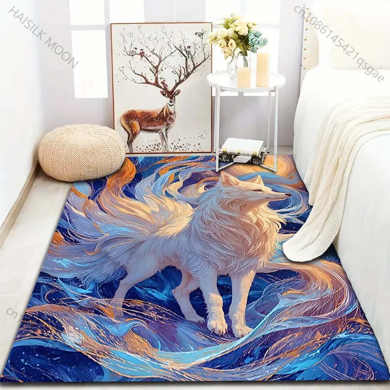 1PC White Fox with Colorful Swirls Pattern Rug Carpets for Bedroom Living Room Sofa Mat Creative Door Mat Cloakroom Home Decor