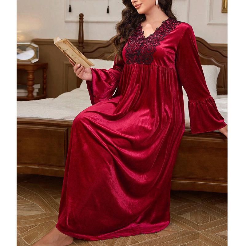 

European and American Plus Size Velvet Women s Pajamas - Comfortable Lace Long Nightgown for Autumn and Winter L бордовий