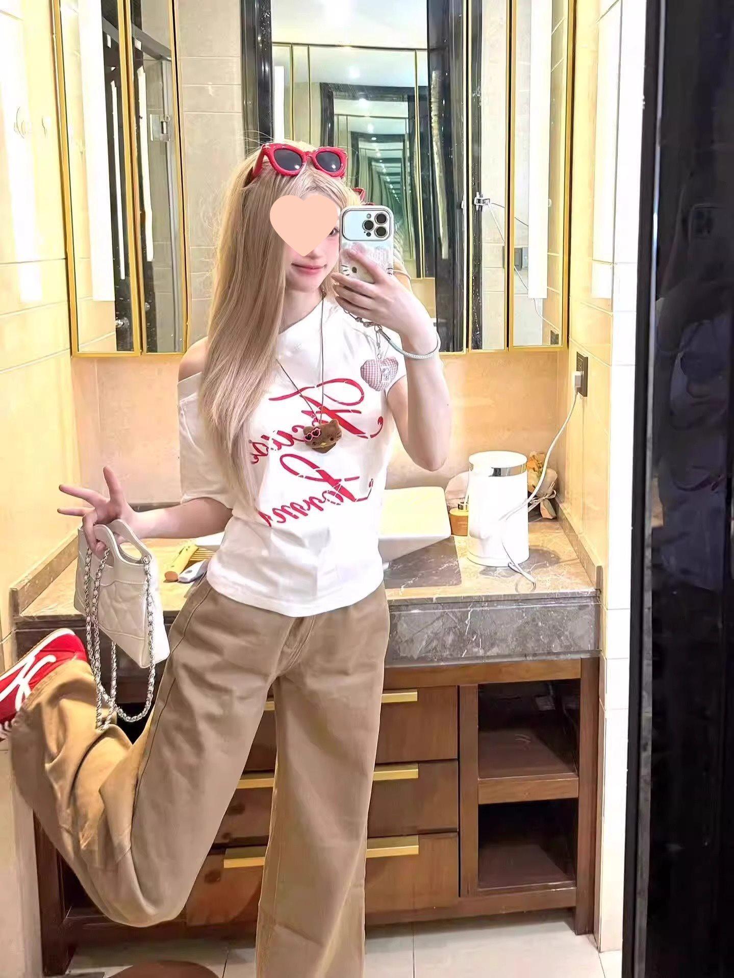 

American Retro Spicy Girl One-Shoulder Slim White Crop Top with Cutout S (70-95 jin)