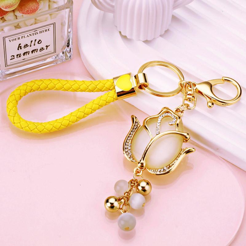 Charming Water Drill Moonstone Tulip Car Keychain For Women With Floral Design