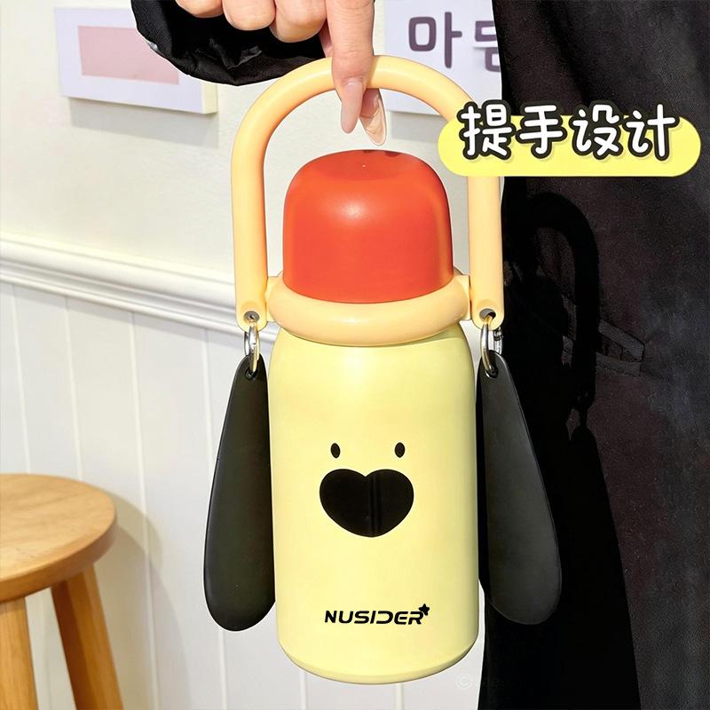 Hand-Thermosbecher Edelstahl Tragbar Doppelter Trinkhalmbecher Kinder Schüler Niedlicher Wasserbecher