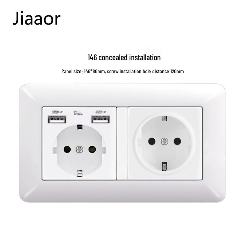 Type 146 Dual USB 16A Two-Gang European Power Socket Panel with German Standard Switch (Concealed)