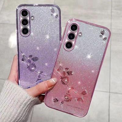 Pouzdro na telefon Samsung Galaxy A55, A35, A25, A15, A05s, Flash Růžový květ Transparentní ochrana proti nárazu Luxusní diamantový lesklý ochranný kryt