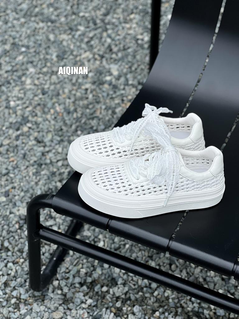 Platform white shoes women's 2025 new summer lace belt leather woven hollow breathable casual shoes sports board shoes