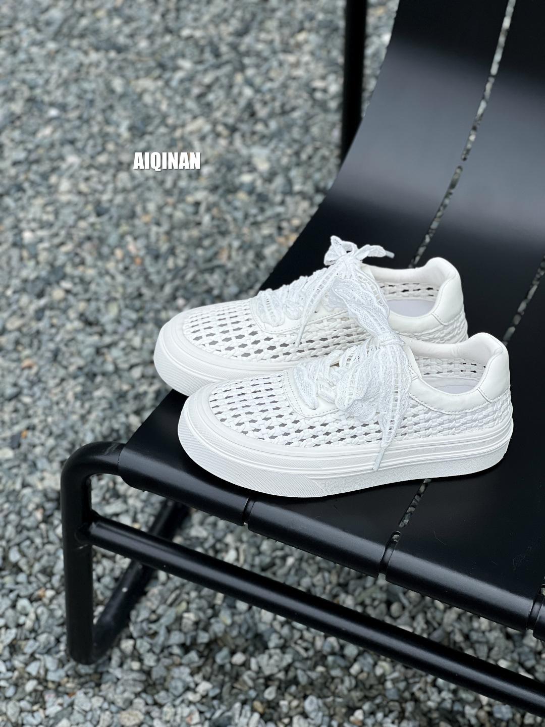 

Platform white shoes women s 2025 new summer lace belt leather woven hollow breathable casual shoes sports board shoes 35