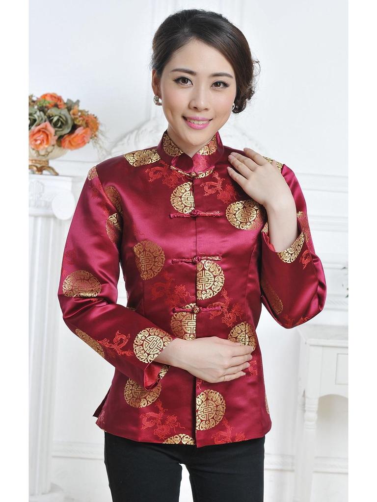 Chinese Tang Suit Red Top: Women's Ethnic Festive Long Sleeve for Spring, Autumn, Winter