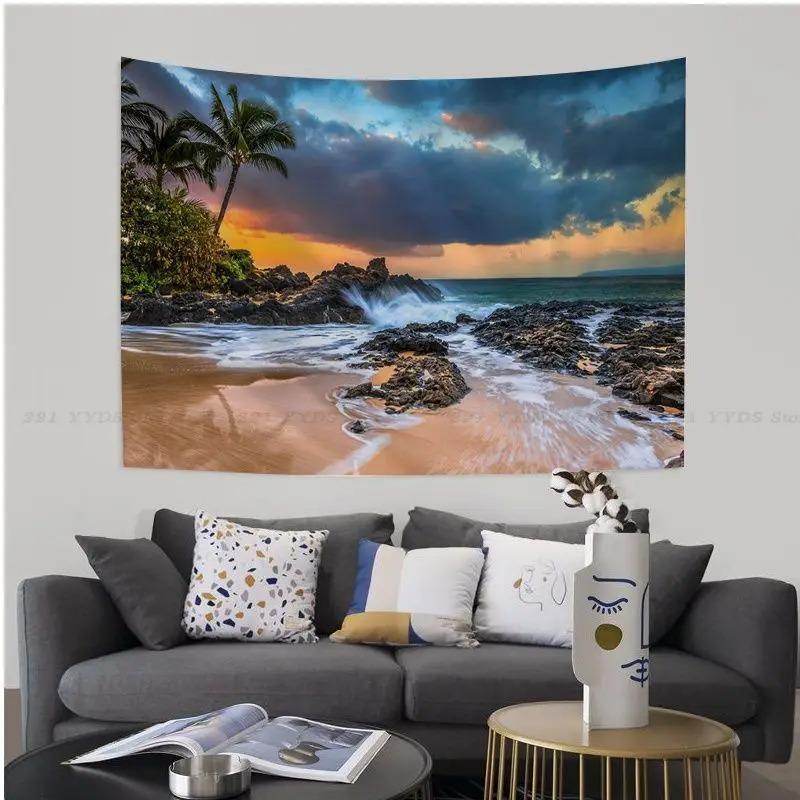 Büro Wohnzimmer Wandteppich Landschaft Strand Sonnenuntergang Cartoon Wandteppich Home Wanddekoration Wandteppich