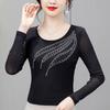 Women Mesh Long Sleeve Top, Round Neck Wing Shape Rhinestone Decor Slim Fit Fall Shirt M-4XL