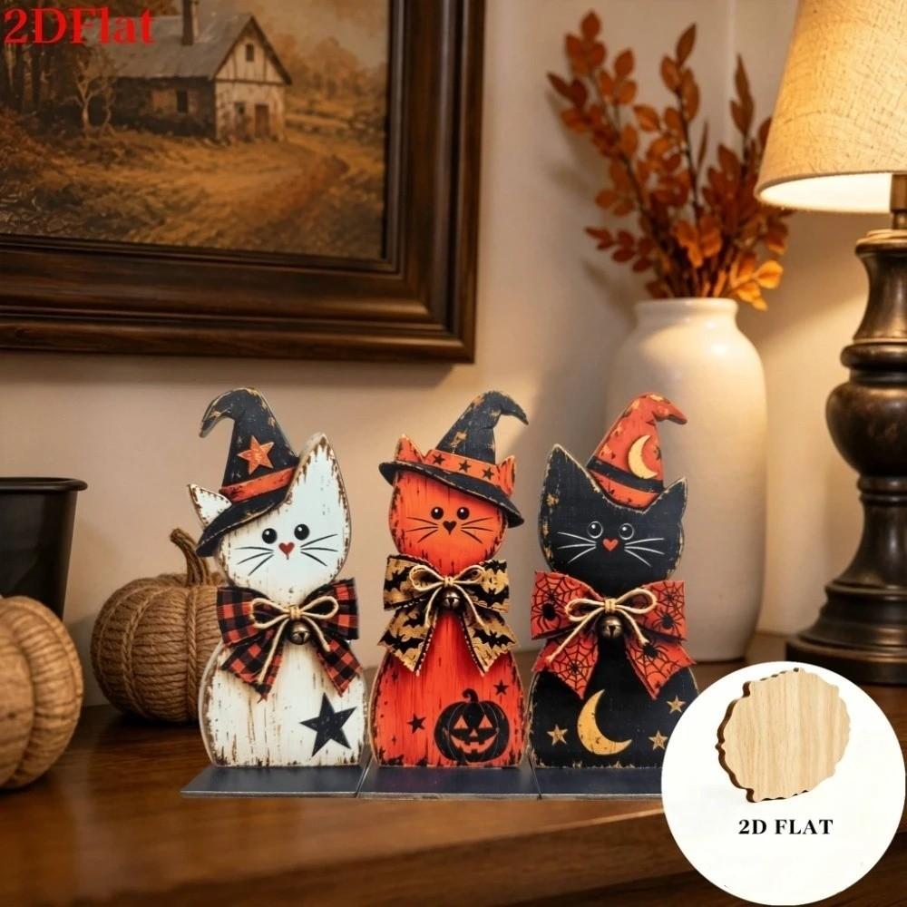 3Pcs Autumn Vintage Black Cat Tabletop Sign Retro Witch Hat Cat Table Ornament  Home Decor