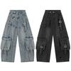 STREETRICH American Style Men's Jeans Solid Color Multi Pockets Casual Worn-out Trousers Deconstruction Wide Leg Denim Pants