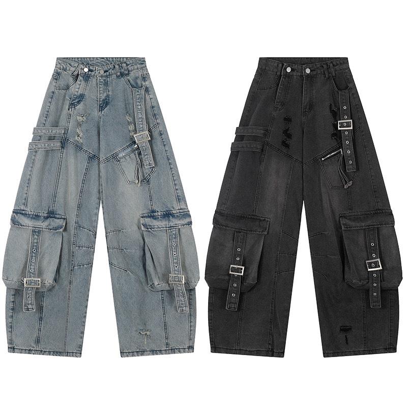 STREETRICH American Style Men's Jeans Solid Color Multi Pockets Casual Worn-out Trousers Deconstruction Wide Leg Denim Pants