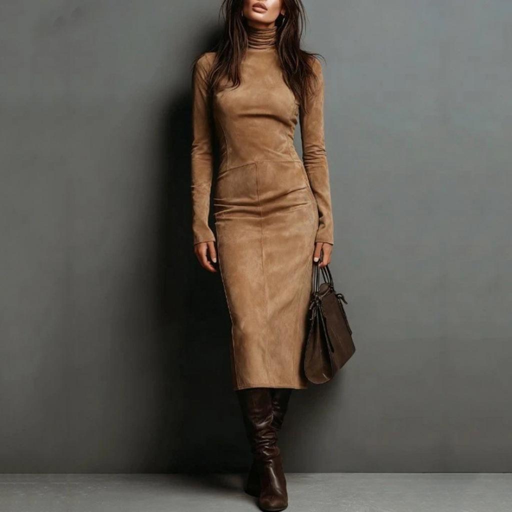Women's Pleated Velvet Super Long Dress Long Sleeve High Neck Tight Long Dress Fashion Solid Color Dress