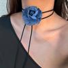 2 Pcs Women Blue Denim Flower Choker Artificial Camellia Flower Lace-up Necklace Long Wrap Tie Neck Accessories for for Bridal Wedding Party