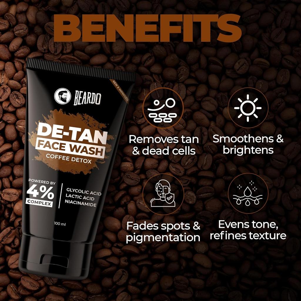 Beardo DeTan Face Wash For Men 100 ml Glycolic Acid Niacinamide Coffee Exfoliating Oil Control Cleanser For Smooth Skin