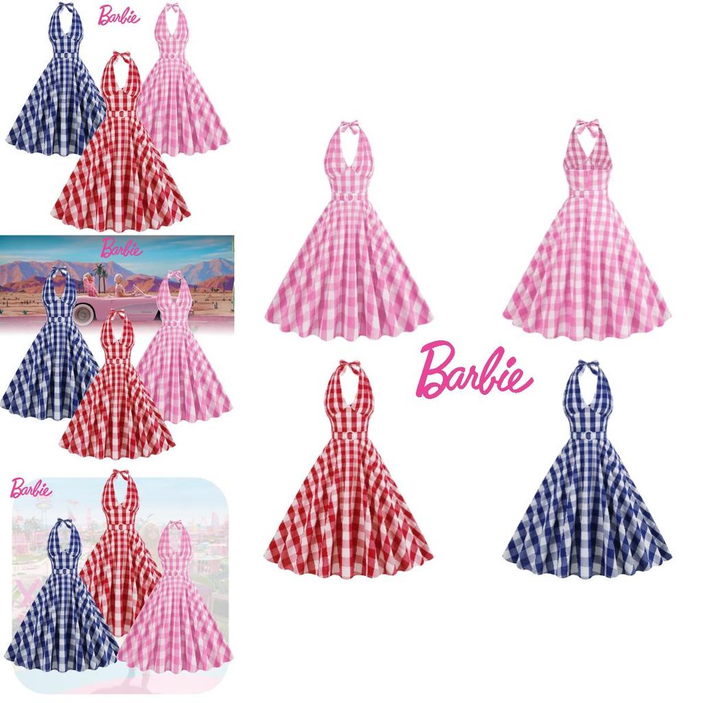 Barbie Death Powder Dream Sexy Deep V Internet Red Pink Checkered Cotton Flowing Explosion Street Sister Retro Party Dress
