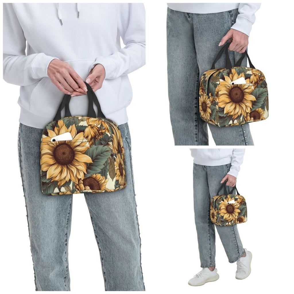 Golden Sunflower Cluster Vintage Botanical Drawing Insulated Lunch Bag for Women Office Cooler Thermal Food Box Tote Lunch Boxes