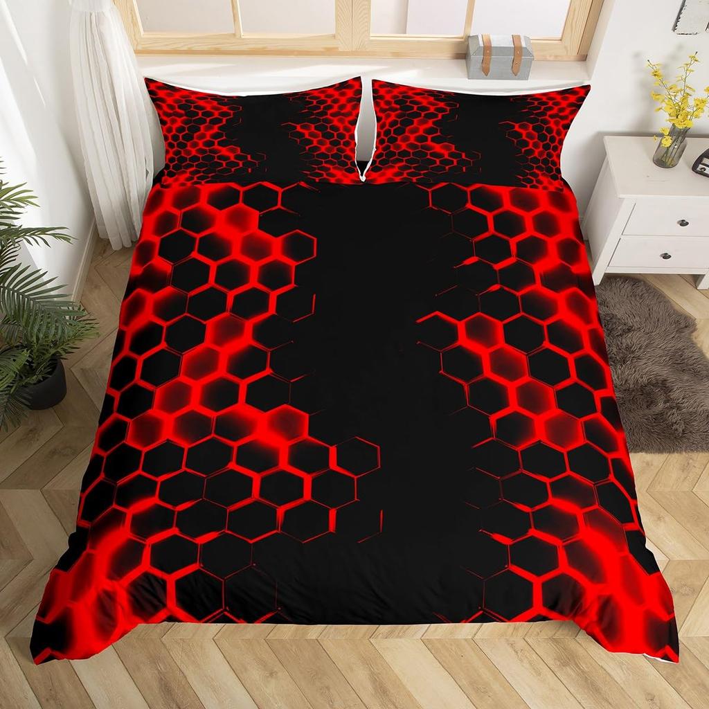 Blue Purple Honeycomb Soft Duvet Cover Fluorescent Geometric Honeycomb Beding Set Behive Hexagon Warm Comforter Cover for Young Boys Young Girls