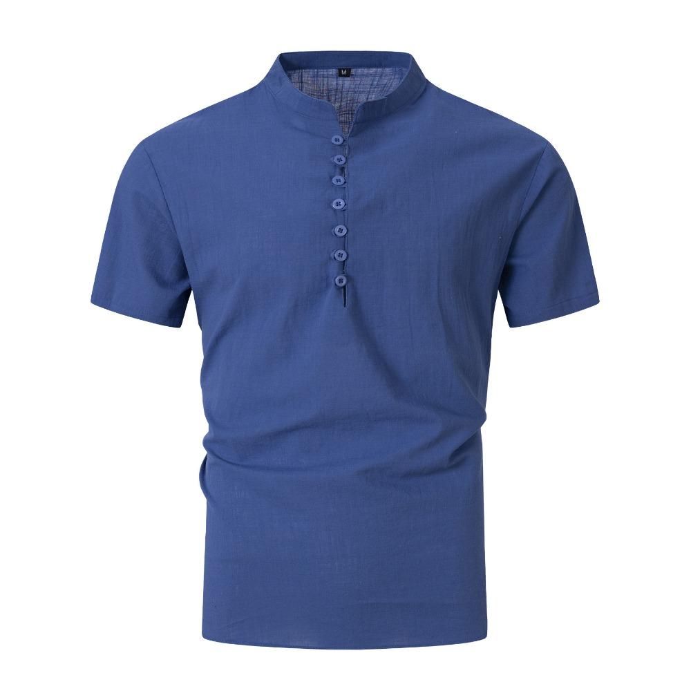 New Men's Retro Cotton Linen Casual Henry Collar Short-sleeved Shirt