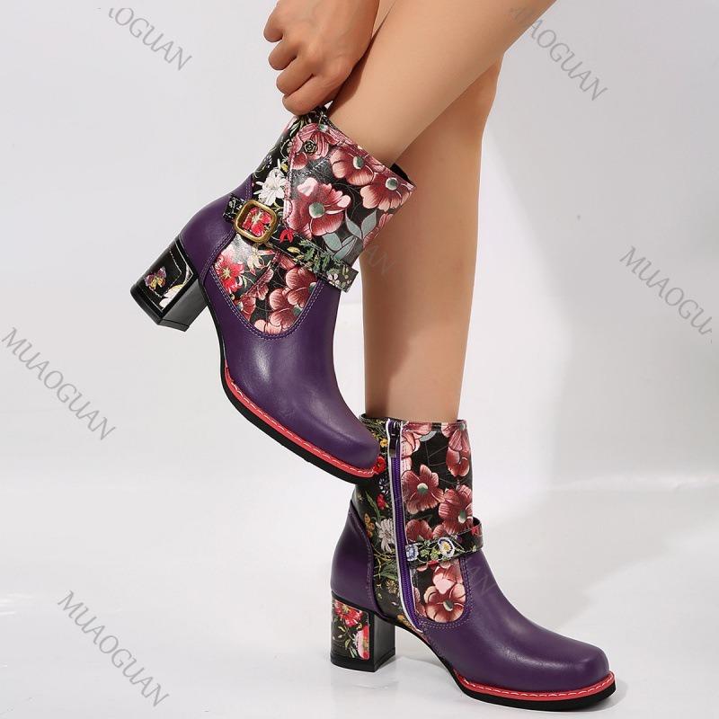 Fashion Women's Short Boots Flower Printed Patchwork Round Toe Thick Bottom Women Shoes Fashion Chunky High Heel Belt Buckle Botas Mujer