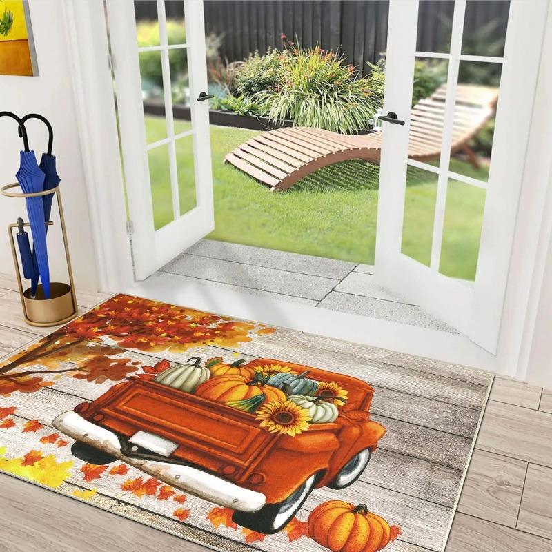 Fall Front Door Mat Vintage Truck Pumpkin Resist Dirt Doormats Non-Slip Washable Inside Entrance Floor Mats Home Decoration