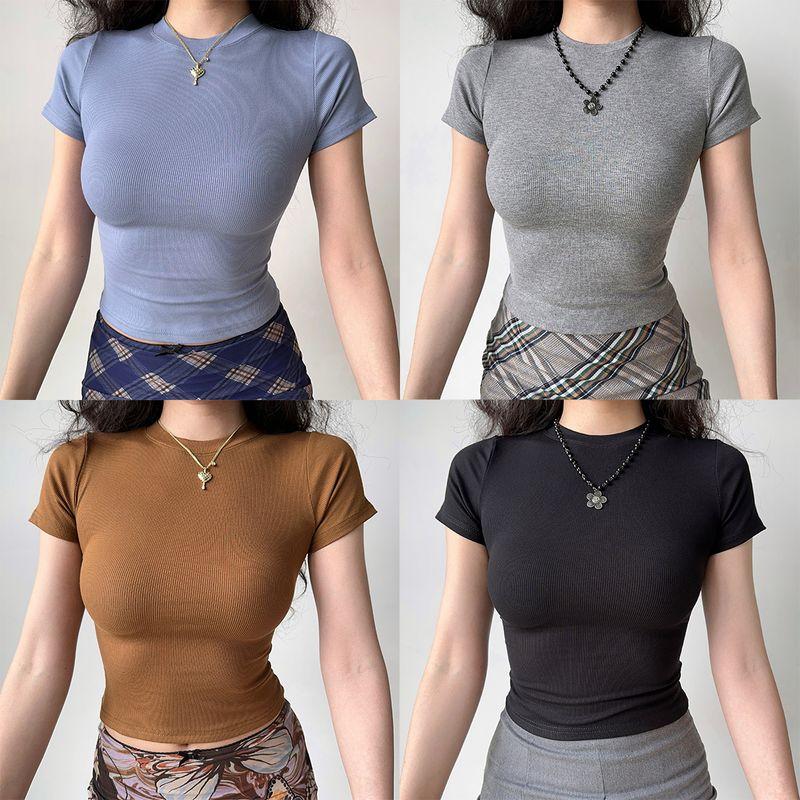 

Go Girl Go Pure Color Slim Thread Short Sleeve T-shirt Light gray M