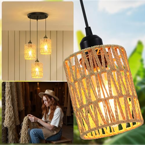 3 Light Farmhouse Pendant Lamp with Hand Woven Natural Rattan Shade  Industrial Kitchen Island Ceiling Light Fixture with E26 Base  Adjustable Height