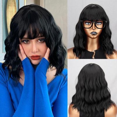 Parrucca Bob ondulata nera alla moda da donna con lunghezza alla spalla e frangia Parrucca ondulata in fibra sintetica Cosplay da indossare ogni giorno