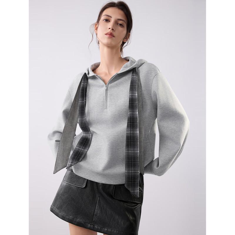 ELLE Women s Hooded Plaid Ribbon Sweatshirt L