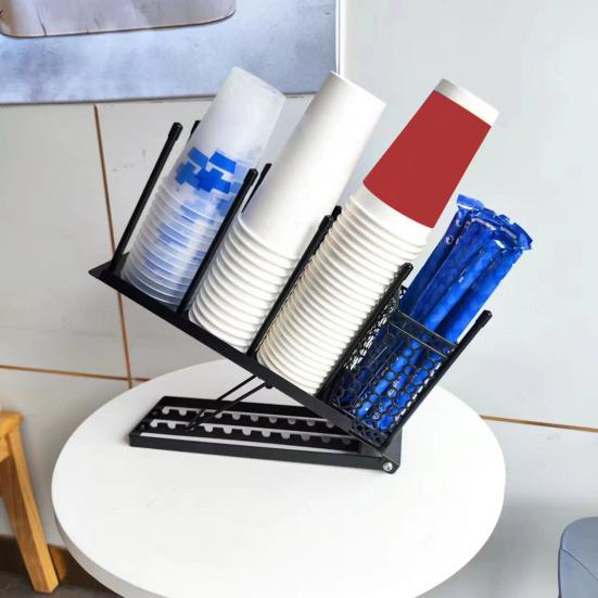 Coffee Cup Holder Lid Organizer with Straw Holder 4 Compartment Coffee Cup Dispenser Adjustable Coffee Bar Organizer