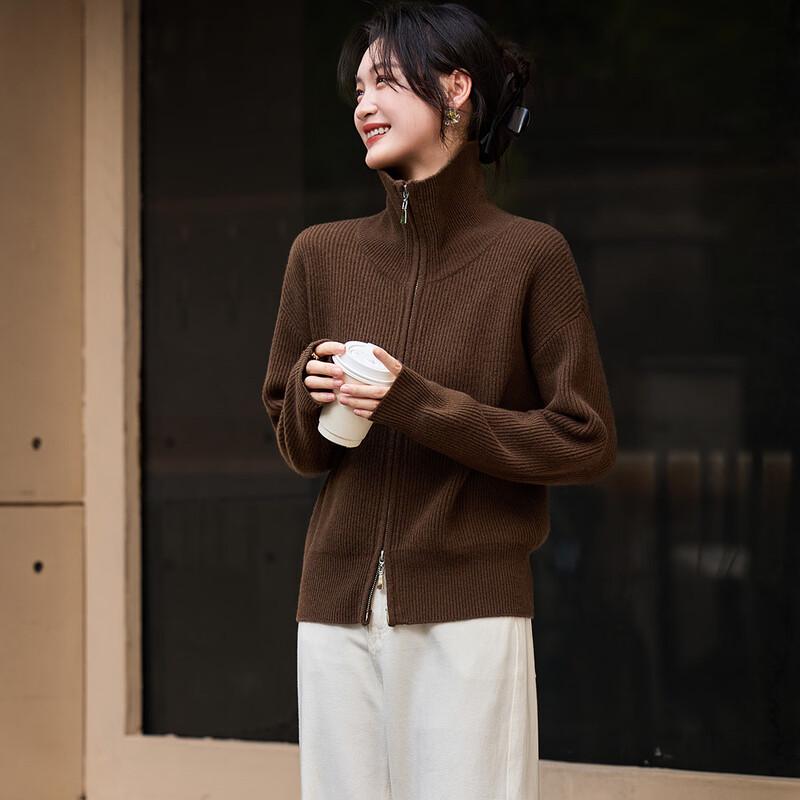 Srcr Damen dicker Reißverschluss-Strickcardigan aus 100 % Wolle