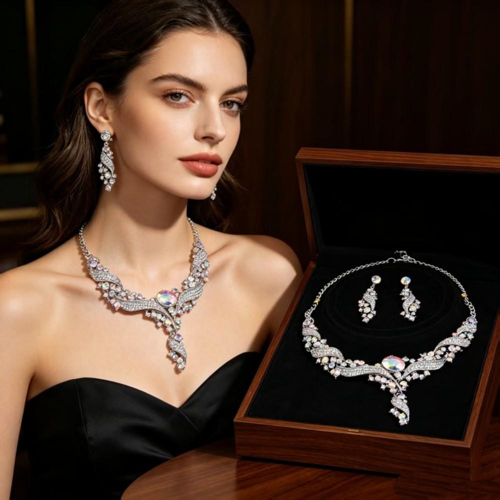 Colorful Rhinestone Jewelry Set Exaggerated Style Collar Necklace Earring Set  Luxury