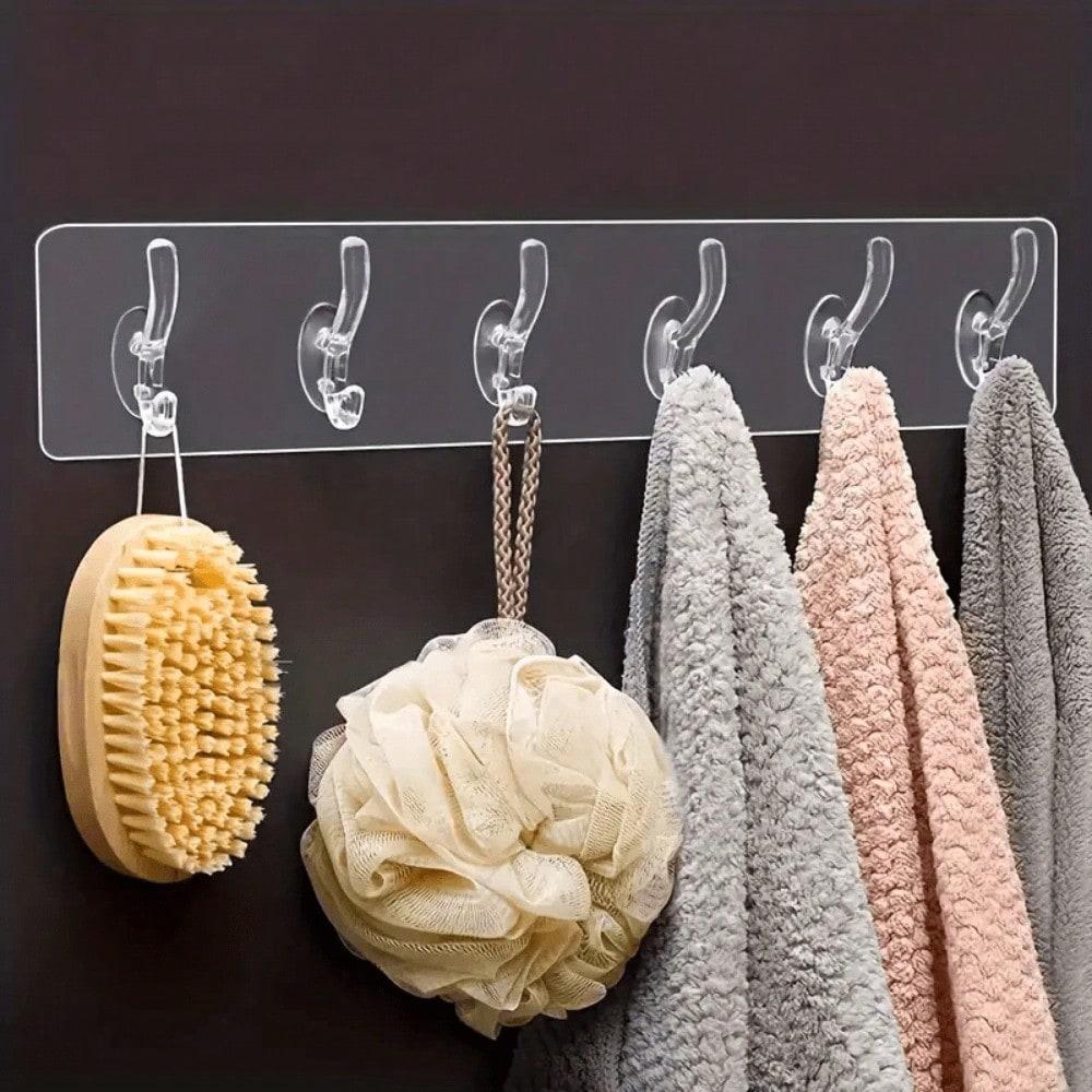 Colgador de fila de acrílico, Gancho de pared adhesivo, Estante de 6 ganchos sin rastro para colgar ropa, toallas, llaves y otros artículos, Adecuado para cocina, dormitorio