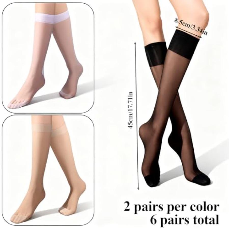 6 Pairs Womens Knee High Stockings Nylon Tight Elastic Trouser Sheer Stockings With Reinforced Toes 3 Colors Hose Hosiery Socks