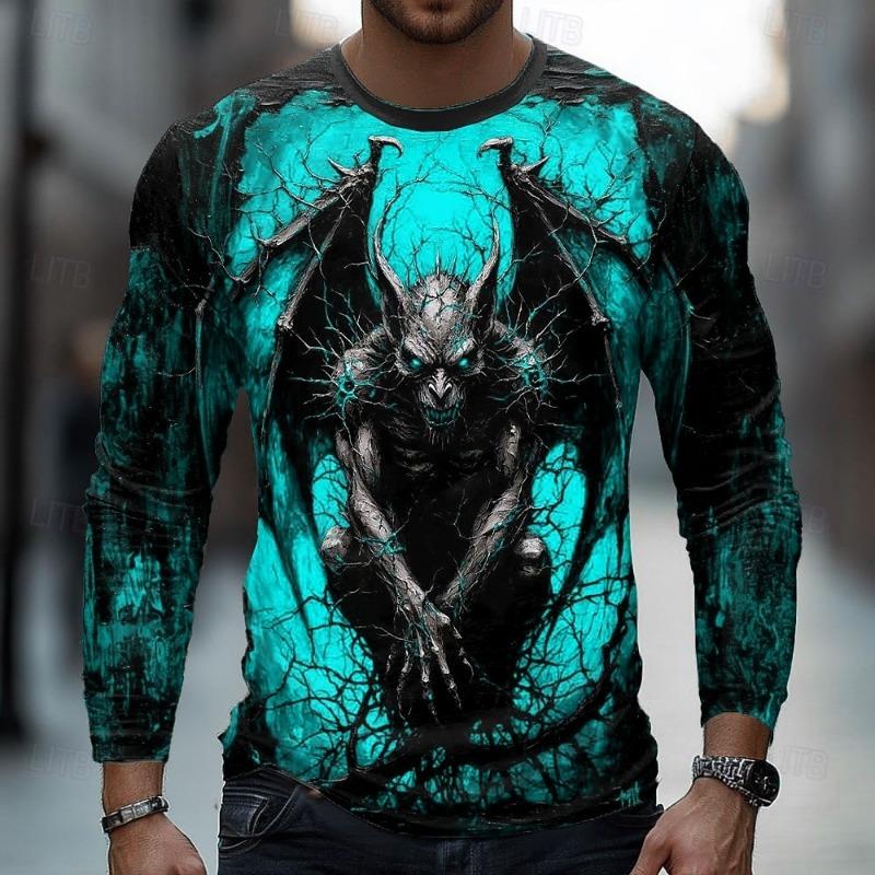 Men's 3D T-shirt long-sleeved T-shirt round neck top fashion Halloween bat horror street casual daily autumn new style