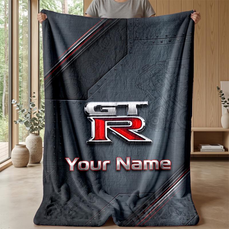 Nissan GT-R Custom Flannel Throw Blanket Print Your Name Text Soft Warm Blanket Holiday Present