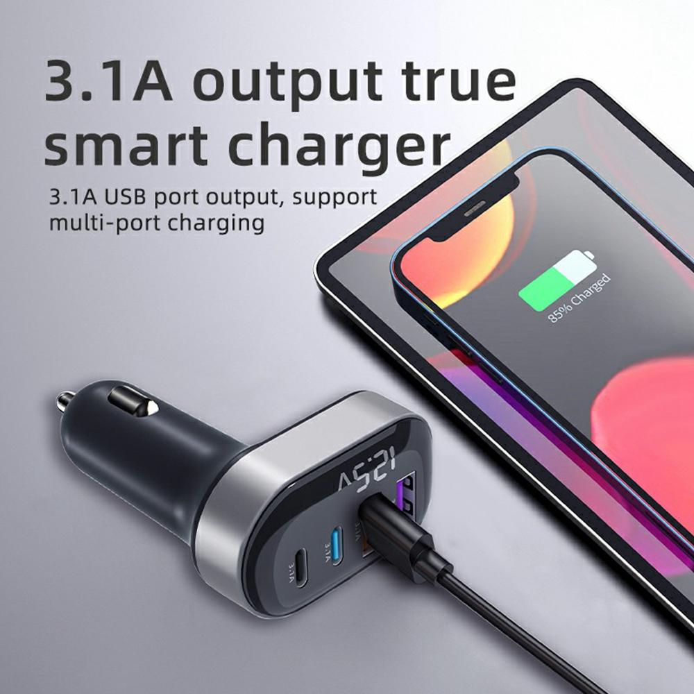 K33 USB-A + Type-C 4-Port Car Charger Fast Charging Adapter with Voltage Display