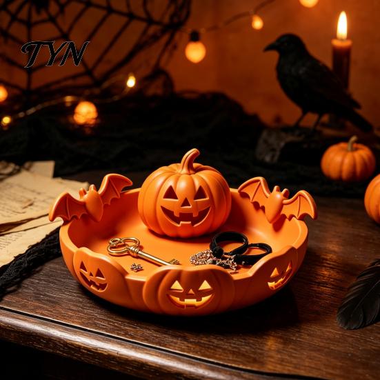 Matte Texture Ornament 3D Printed Pumpkin Jewelry Holder, Spooky Halloween Trinket Tray for Keys, Creative Seasonal Decoration Rings, Earrings,