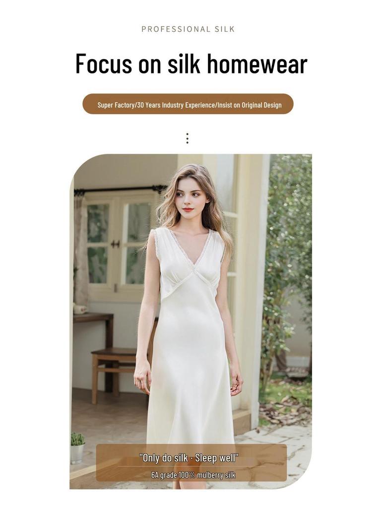 Luxurious Mulberry Silk French Nightgown - Women's V-Neck, Wide Shoulder Straps, Mid-Length